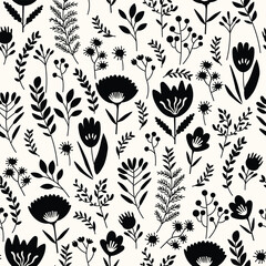 Seamless black and white pattern with delicate flowers, leaves and twigs on a white background. Flat vector illustration