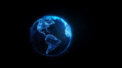 Digital, blue-glowing global network concept with light connections around the Earth planet, a business and connectivity technology background. Big data information exchange online on a dark backdrop.