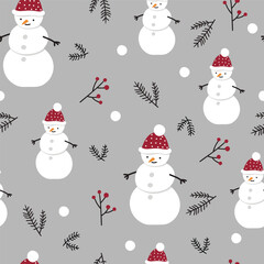 Seamless pattern with cute snowmen with red hats and fir branches on grey background, suitable for holiday decor and crafts.