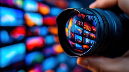 Camera Lens Reflecting a Grid of Images