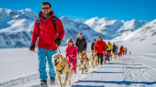 A group of people walking with dogs on a snow covered road