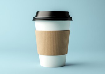 Minimalist Coffee Cup on Light Blue Background with Brown Sleeve, Ideal for Beverage and Cafe Related Projects, Perfect for Modern Lifestyle and Food Photography