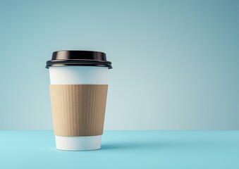 Stylish Coffee Cup on Blue Background with Black Lid and Brown Sleeve, Perfect for Branding, Marketing or Social Media Imagery Related to Beverage Culture