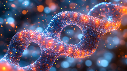 3D visualization of interconnected DNA strands with glowing particles, showcasing bioinformatics concepts in vibrant and dynamic manner