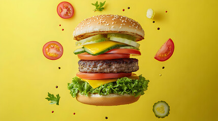 Juicy Burger with Levitation Ingredients: A Delicious,  Layered  Fast Food Photo with Yellow Background