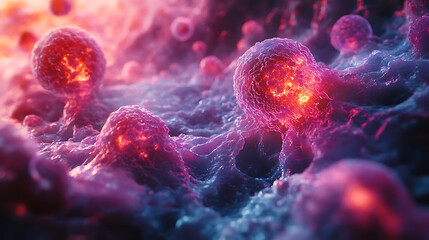 3D visualization of cells in vibrant environment, showcasing disease modeling with glowing elements. This captures intricate details of cellular structures