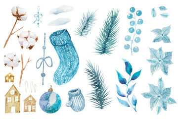 New Year's set of watercolor illustrations with cloak, Christmas tree, knitted toys and toys houses blue branches and poinsettia of blue shade. Hand drawing in watercolor