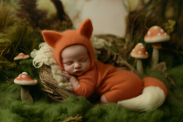 Adorable sleeping baby dressed as a fox nestled among whimsical mushrooms in a forest setting