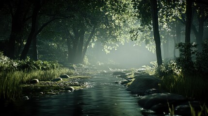 Obraz premium Serene forest scene with a gentle stream and soft sunlight.