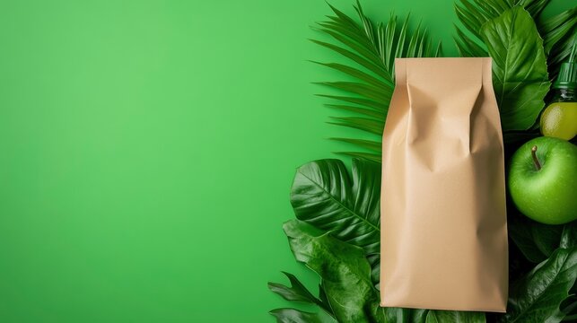 Eco-Friendly Packaging Mockup with Green Leaves and Apple