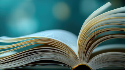 open book with pages fanned out against blurred background, creating sense of movement and focus on literature. image captures essence of reading and knowledge