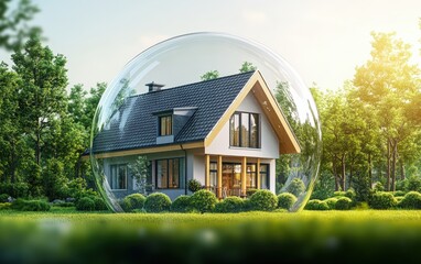 Modern house inside a transparent bubble, on a clear outdoor background, representing the concept of protection and property insurance professional stock photo on white background 