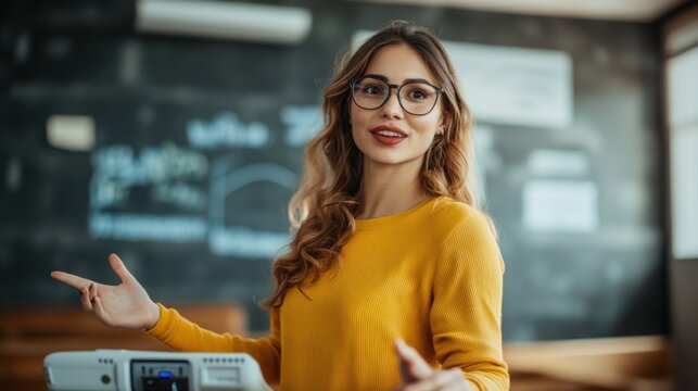 Young Female Teacher Engaging Students in Classroom, Using Technology and Presenting Educational Content with Enthusiasm and Confidence