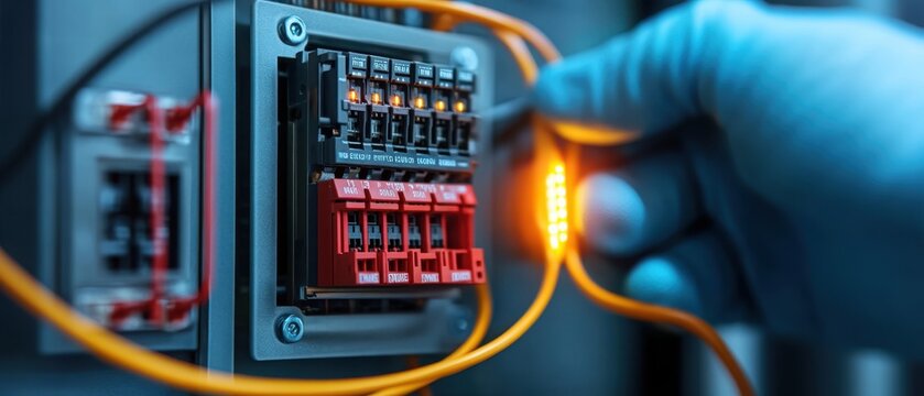 A close-up of a technician's gloved hand connecting wires to a circuit breaker, showcasing electrical components and safety measures in a control panel.