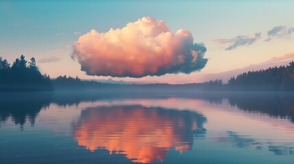 A fluffy cloud floating over a calm lake at sunset.