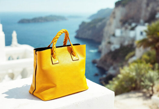 Yellow Leather Tote Bag on Santorini Cliffside Summer Fashion - Powered by Adobe