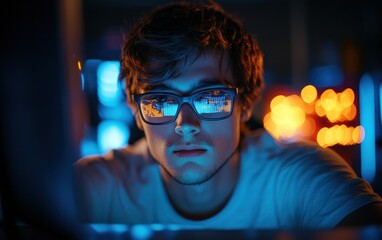 Young programmer at a computer in a dark room, screens reflecting in glasses. 
