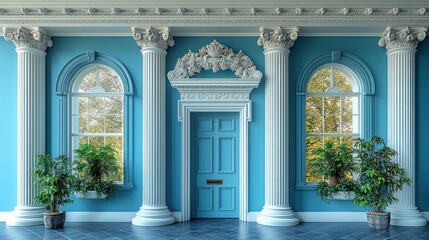 Obraz premium Elegant blue room with columns, plants, and a decorative door.
