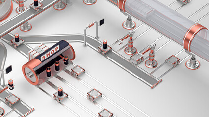 Isometric view of a futuristic industrial assembly line featuring conveyors, robotic arms, and a "shop" sign. Highlights advanced automation and streamlined production, modern setting. 3d rendering