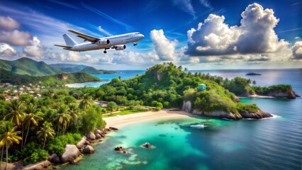 Airplane Is Flying Over Mahe Island, Seychelles