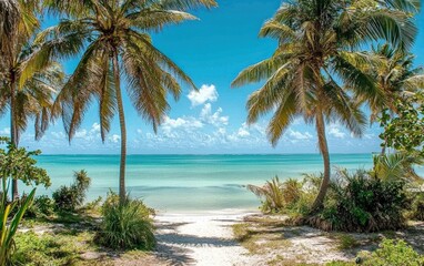 Obraz premium Palm trees against a turquoise ocean and white sand beach, tropical vibe. 