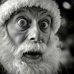 A black and white photo of a man with a santa claus hat