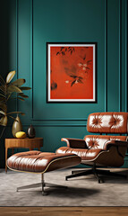Teal Wall Interior Design with Leather Armchair and Ottoman