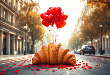 Valentine's Day Croissant with Heart-Shaped Balloons