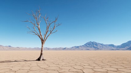 A solitary dead tree stands in a vast dry landscape under a clear sky.