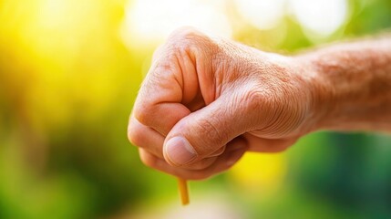 Close-up of a Hand Holding a Small Object, With a Green Background