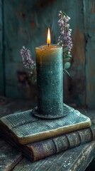 Candle that is sitting on a book, vertical background