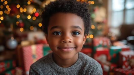 Christmas Joy: A young boy beams with holiday cheer, his eyes sparkling with excitement as he sits amidst a festive backdrop of twinkling lights and wrapped gifts.