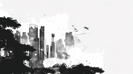 Majestic Misty Mountain Peaks in Traditional Chinese Ink Wash Landscape Painting Style