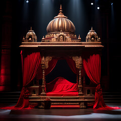 A palanquin- closed with a red satin cloth, placed on the Royal Podium on the kolkata art and architecture inspired stage
