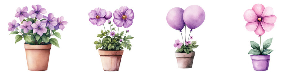 Naklejka premium Balloon Flowers in Ceramic Pots with Vibrant Watercolor Painting