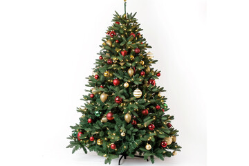 Fototapeta premium A fully decorated Christmas tree with twinkling lights and ornaments, standing against a pristine white background.