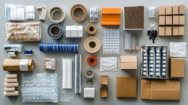 A collection of packaging materials arranged for organizational purposes.