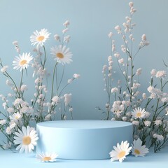 Minimalist 3D podium scene with a soft pastel background, placing the podium in the lower left corner among light, delicate daisies