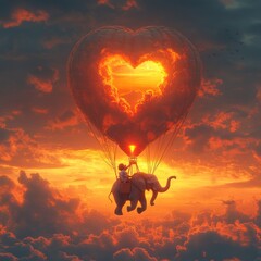 Fototapeta premium A young boy rides an elephant in a heart-shaped hot air balloon, soaring through the sky.