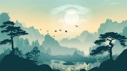 Majestic Misty Mountain Peaks in Traditional Chinese Ink Wash Landscape Painting Style