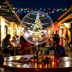 Naklejka premium A couple sitting at a table with a christmas tree in a bubble
