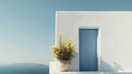 Obraz premium A blue door on a white building with yellow flowers in a pot in front of the door. The building has a white wall, and the door is a light blue color. The flowers are in a terracotta pot. 