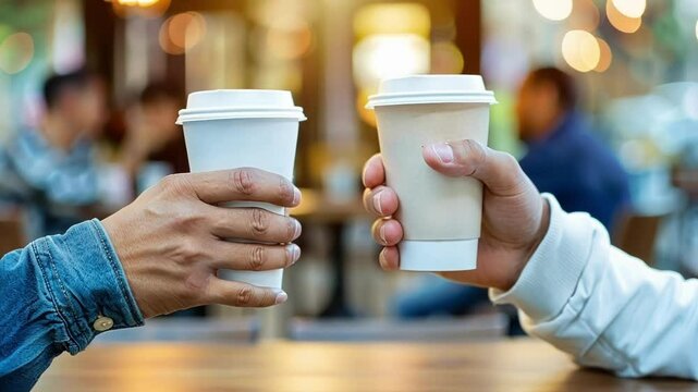 Two people are enjoying a coffee break, holding their beverages in disposable cups while sitting at a table in a restaurant