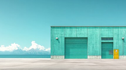 Obraz premium A turquoise industrial building by the sea with mountains in the background.