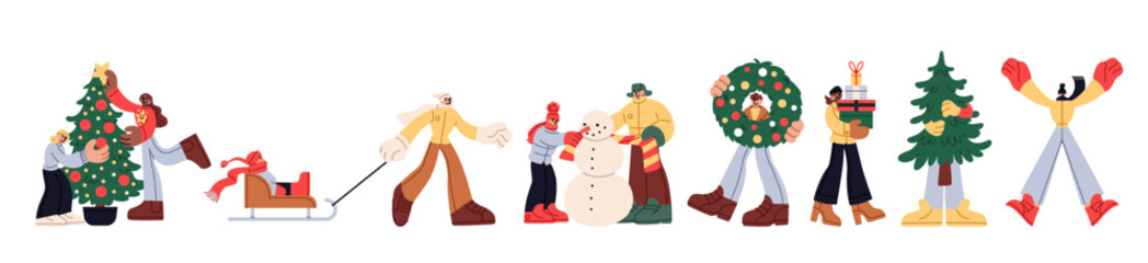 Christmas gift. Family preparing and celebrating winter holiday. Happy couple carry Xmas tree. Woman holding New Years present box. Holiday shopping. Man making snowman. Vector festive characters set