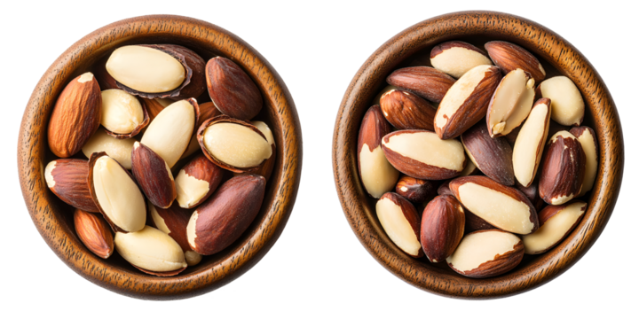 Collection of Brazil Nuts in Wooden Bowls - Top View on white and transparent background. PNG