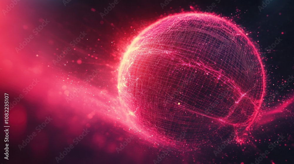 Poster red glowing sphere with a mesh pattern, surrounded by a glowing pink nebula-like background.