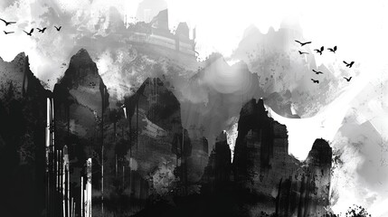Majestic Misty Mountain Peaks in Traditional Chinese Ink Wash Landscape Painting Style