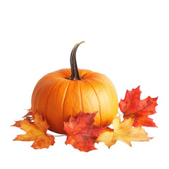 A vibrant pumpkin surrounded by colorful autumn leaves, perfect for seasonal decor., isolated on a transparent background.
