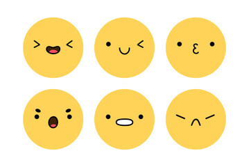 A cute emoji set with different facial expressions. Yellow characters with happy, joyful, sad, disappointed, surprised, angry mood. Vector flat illustration. Perfect for social media, stickers.